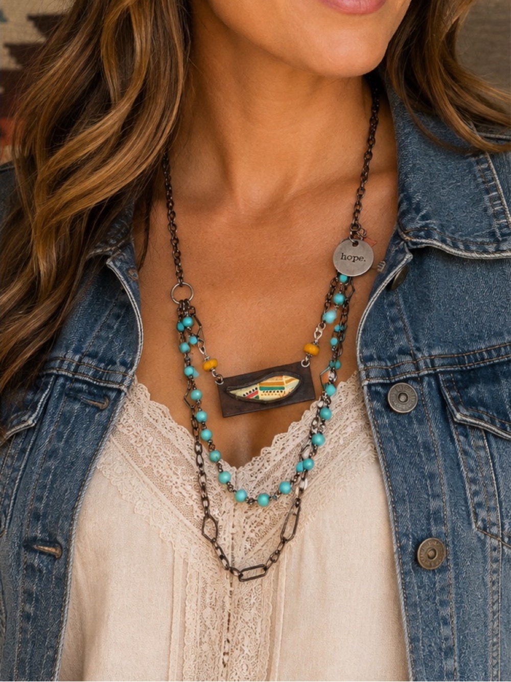 Layered necklace features a rustic bronze-tone chain